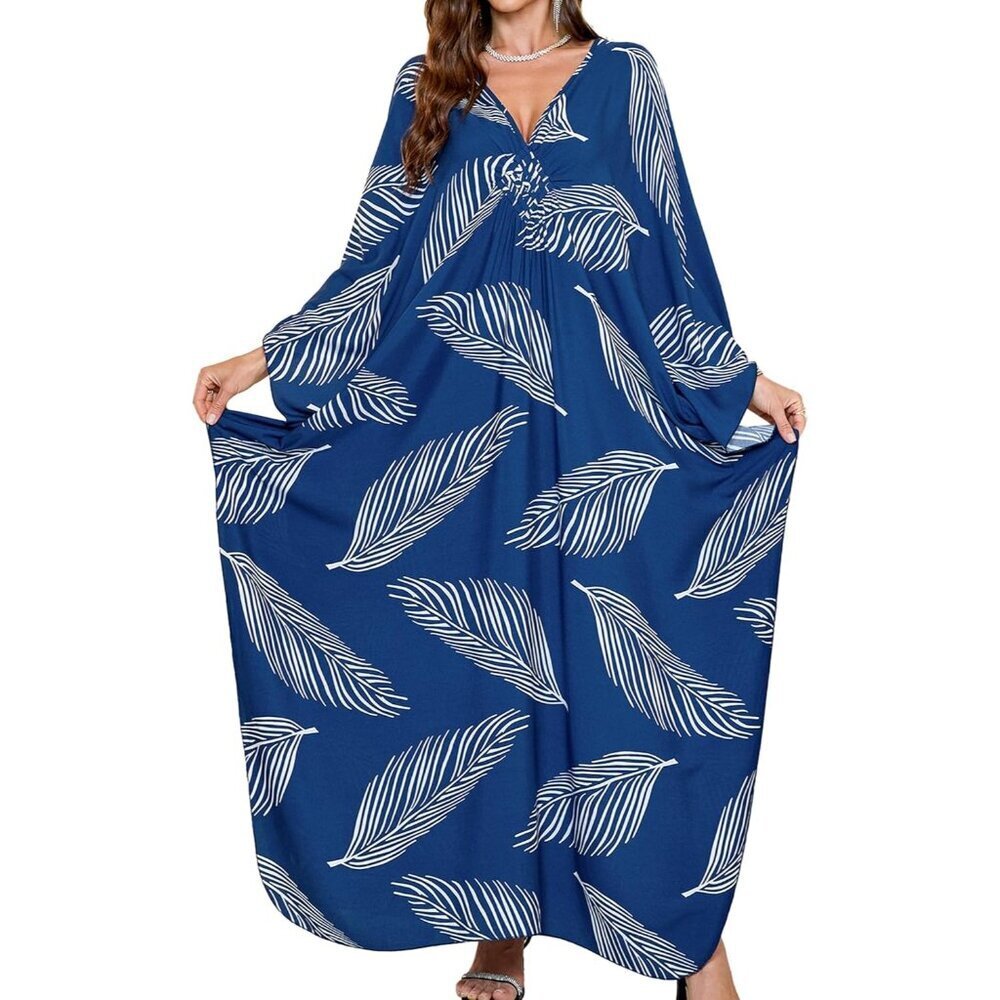 Women's Blue & White Leaves V-Neck Batwing Sleeves Summer Cover Up Kaftan Dress